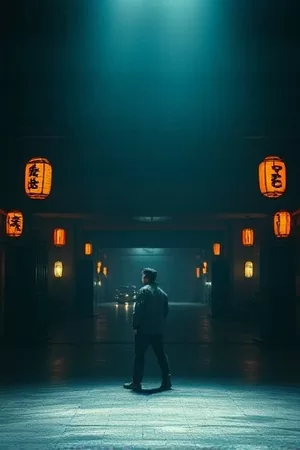 竖版海报：《剑落平江》侠客立于江边渡口，背后是雾中石桥